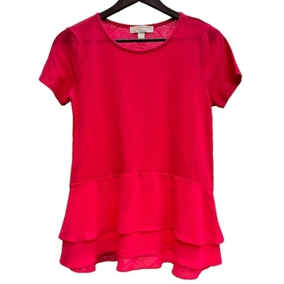 Michael Kors Red T Shirt with Layered Chiffon Hem Size Small Short Sleeve - Picture 1 of 8